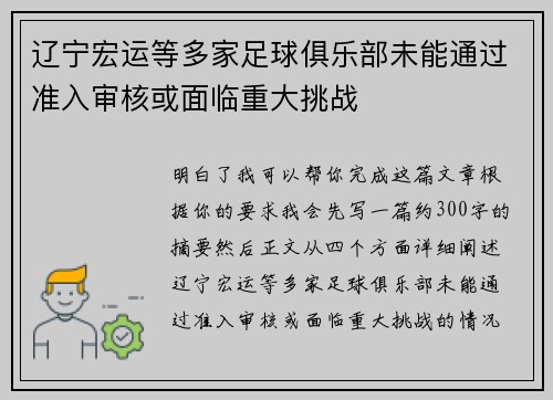 辽宁宏运等多家足球俱乐部未能通过准入审核或面临重大挑战